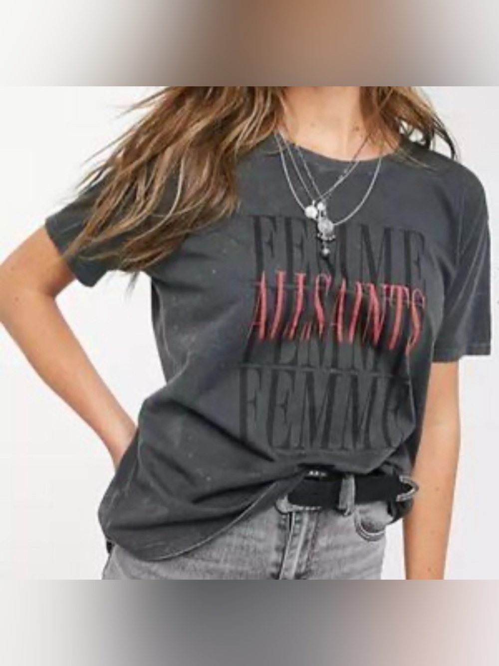 Allsaints Femme Dima Graphic Tee XS Gray Grunge Edgy Casual 90s Retro Acid Wash